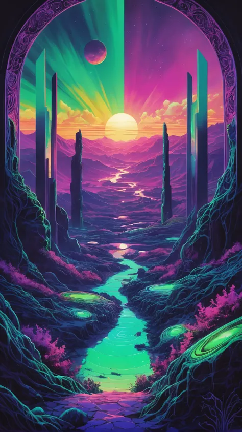 Super high definition, reflective pools, HDR, (Dark vaporwave color palette), eclipse, glowing archway, huge twisting vines, aerial view of rolling hills in bizarre alien landscape, Fibonacci, Enki, annunaki, monolith, megaliths with eyes, ufo, dna, cosmic...