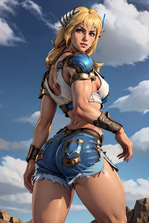 masterpiece,best quality,extreme detail,8k,<lora:sophitia:0.8>,sophitia2,1girl,solo,long hair,breasts,looking at viewer,blue eyes,blonde hair,shorts,crop top,ass,wide hips,thighs,