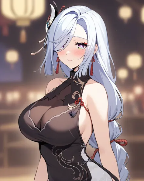 masterpiece,best quality,<lora:shenhe_new:1>,shenhe_(genshin_impact) 1girl, shenhe_(genshin_impact), breasts, solo, hair_over_one_eye, long_hair, jewelry, smile, looking_at_viewer, dress, earrings, chinese_clothes, large_breasts, purple_eyes, china_dress, ...