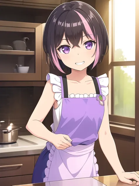 best quality, (masterpiece:1.2), highly detailed, (masterpiece), (illustration),
kitchen, indoor,
standing, (face focus:1.2), face, upper body,
nuke apron, sleeveless, frills, collarbone,
1girl, solo, short hair, purple eyes, multicolored hair, black hair,...