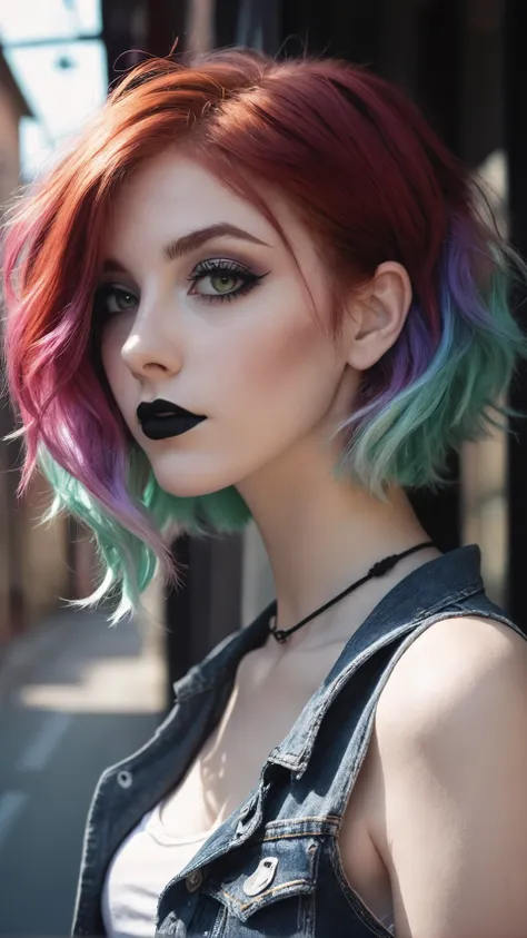 Dark shot, city street, pastel goth, sexy goth girl, photo of cute 24 years old Italian redhead woman, cinematic shot, hard shadows, photorealistic, cute face, looking at viewer, photography, raw photo, white rainbow hair, detailed skin, natural flower bac...