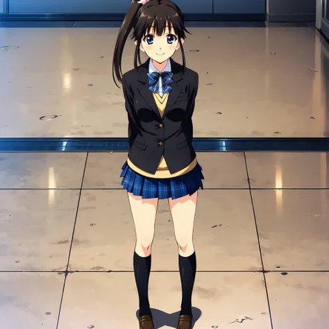 <lora:KoharuSugiura003:0.7>,looking at viewer,smile,
KoharuSugiura,1girl,solo,
high ponytail,blue eyes,(sidelocks:1.3),
school uniform,
bowtie,
black blazer,
plaid skirt,
full body,standing,