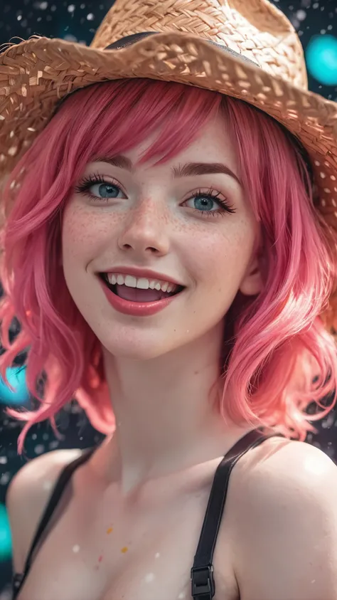 ultra detailed, surreal, strange, (full body sexy gamer girl with pink hair photo), vaporwave neon theme, woman, portrait, smile, laugh, open mouth, (upper body, bust shot, looking away:1.1), neon hair, hair over one eye, ((sexy photo with tongue out)), (b...