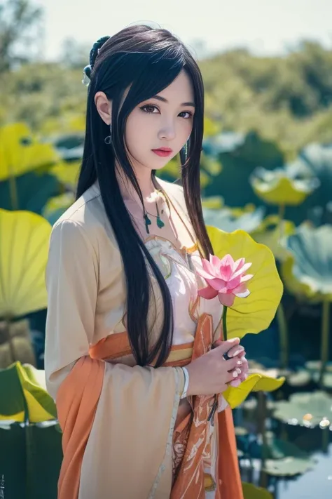 ltra-detailed,highly detailed,best quality,masterpiece,illustration,realistic,photorealistic,
tangyurou, 1girl, solo, 
standing, upper body, 
flower, outdoors, lotus, garden, water, 
 <lora:tangyurou_v1_05:0.7>