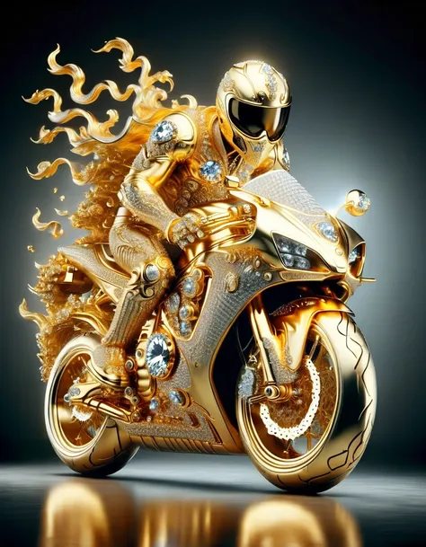 ral-bling, motorcycle, with gold exhaust, skeleton with diamond gear riding the bike, burnout with flames on the road, at night, black and gold full moon background <lora:ral-bling-sdxl:1>