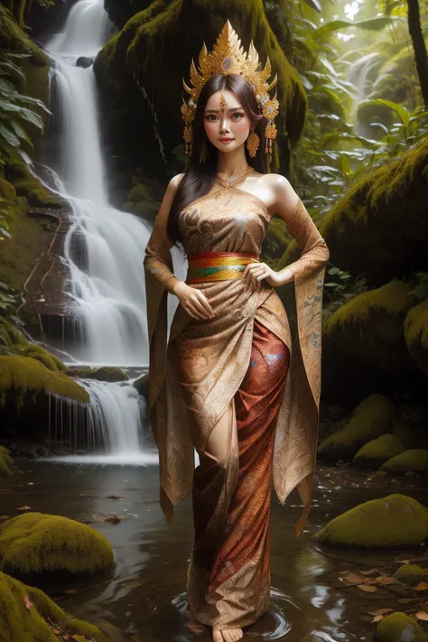 photo of a Indonesian woman with long hair and beautiful face, curvaceous, wearing sweaty batik clothes, diamond and gold decoration, waterfall and forest background, full body view, hyper intricate fine detail.