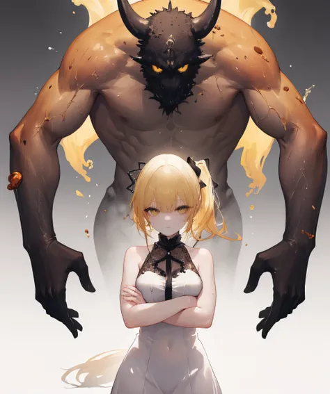 1girl, crossed arms, solo, size difference, 1other, monster, <lora:gardian_or_stand-08:1>, ponytail, yellow hair, downturned eye shape, amber eyes, sculpted body, oily skin, petite breasts, onepeace dress, (masterpiece, best quality, absurdres, detailed, u...