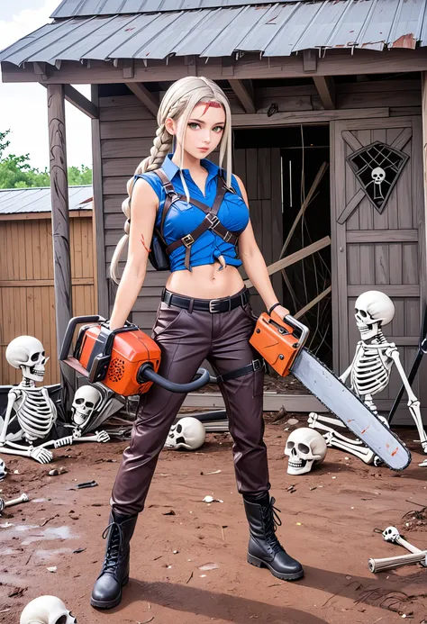 (anime style:1.2), (cosplay:1.1),ash, asian Woman, with long white braids, evil dead, chainsaw, shotgun,pumpgun, blue crop top, short pant,
post-apocalyptic theme, woman warrior, skeleton on back, chainsaw, leather outfit, rugged boots, wooden shack backgr...