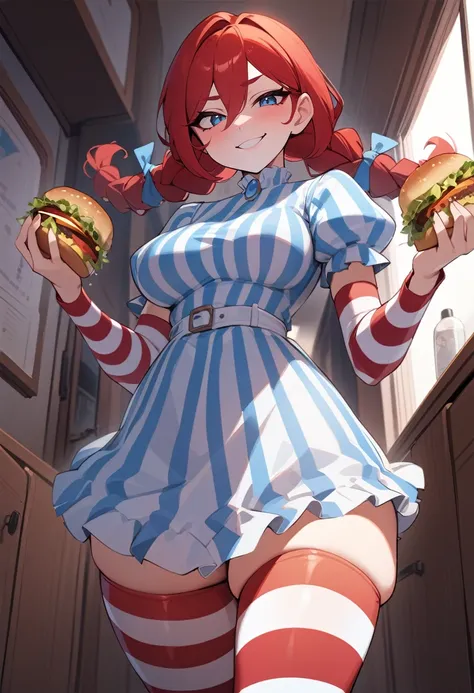 cowboy shot, solo, 1girl, ffwendys, smirk, looking at viewer, holding food, holding hamburger, twin braids, striped dress, striped sleeves, puffy sleeves, striped thighhighs, masterpiece, best quality, rating: general, newest <lora:fastfood_wendys_xl-00000...