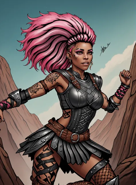 (masterpiece, best_quality, ultra-detailed, immaculate:1.3), epic, illustration, 1girl, feet out of frame, fierce elf mountain viking witchathletic, (leather armor:1.3), pauldrons, , (tattoos:1.4), matte pink hair, multcolored hair,Side Swept Dutch Braid, ...