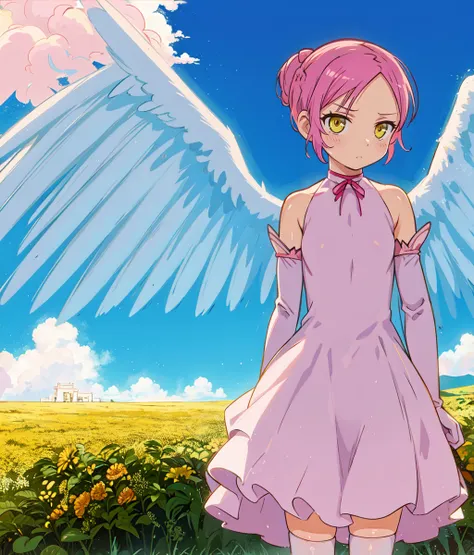 masterpiece, high res, detailed face, detailed eyes, 1 girl, solo, slender, (distrust, dissapointed) looking at the viewer, medium breasts, back bun braid, pink hair, long sidebangs. white dress, yellow eyes, elbow gloves, iron greaves, angel wings, full b...