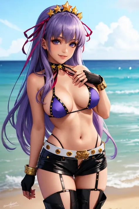 (masterpiece, best quality:1.2), solo, 1girl, bbswimst2, tan, dark skin, smile, looking at viewer, hand on own chest, hair ribbon, star hair ornament, hairband, purple bikini, fingerless gloves, black shorts, thighhighs, white belt, bracelet, beach <lora:f...