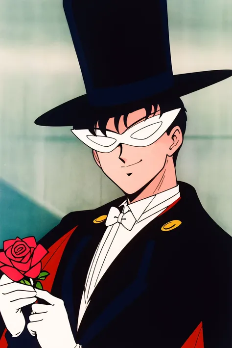 masterpiece,best quality,highres,<lora:Tuxedo Mask:0.8>,Tuxedo Mask,1boy,solo,mask,hat,top hat,black hair,bowtie,retro artstyle,cape,bow,formal,tuxedo,traditional bowtie,suit,white gloves,portrait,smile,looking at viewer,holding flower,stenciled rose,