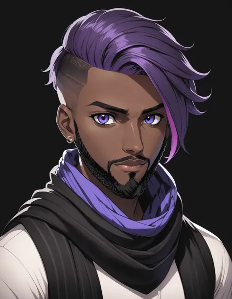 1boy, male focus, solo, bara, blue eyes, purple hair, dark skin, tattoo, facial hair, beard, undercut, black scarf, scarf, looking at viewer, dark, dark background, masterpiece, best quality