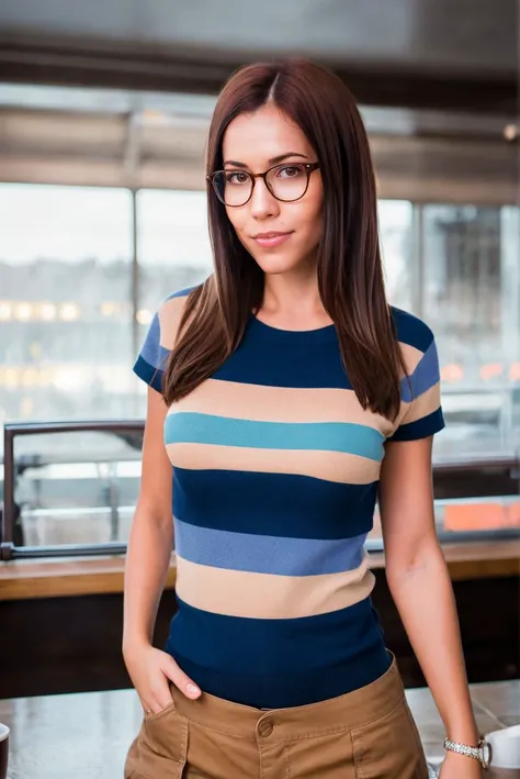 A full color portrait of a beautiful woman wearina a striped top and brown corduroys, packed caf,glasses,epic character composition,by ilya kuvshinov, alessio albi, nina masic,sharp focus, subsurface scattering, f2, 35mm, film grain , latina <lora: Satinbl...