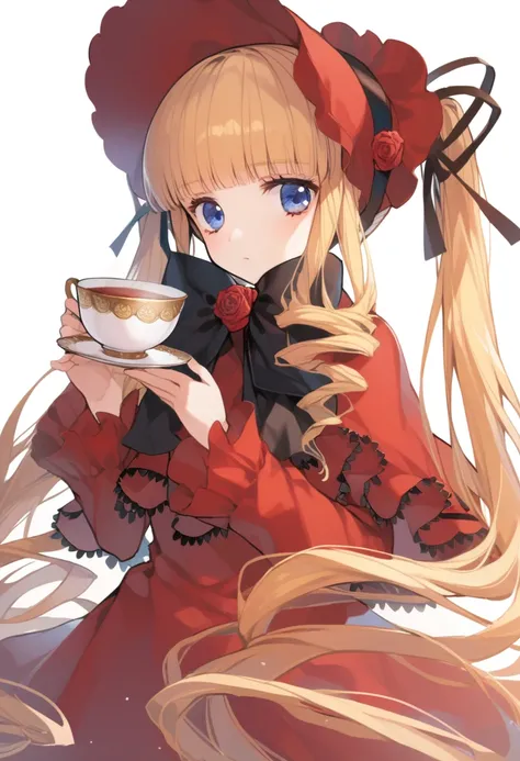 1girl, shinku, solo, cup, long hair, blonde hair, teacup, holding saucer, holding, blue eyes, rose, bow, holding cup, dress, flower, twintails, black bow, red dress, long sleeves, white background, looking at viewer, red headwear, upper body, bangs, high q...