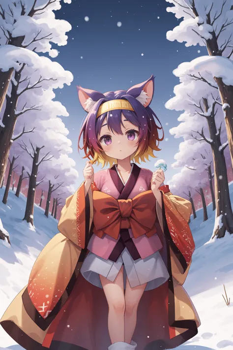 <lora:izuna v2:1> hatsuse izuna, short hair, wide sleeves, sarashi, yellow hairband, tabi, short kimono, gradient hair, 1girl indian style, winter wonderland, snow-covered trees, icicles, evening, glistening, peaceful, magical