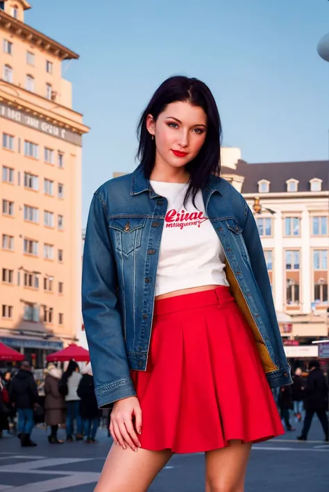 A full color portrait of a beautiful woman wearina a denim jacket and red skirt, vibrant city square,lipstick,epic character composition,by ilya kuvshinov, alessio albi, nina masic,sharp focus, subsurface scattering, f2, 35mm, film grain <lora: Beliciaa:1>