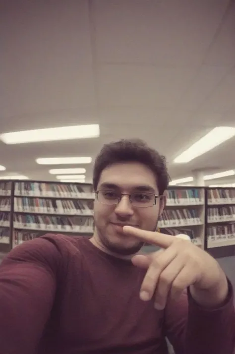 man sitting in library taking a selfie, badquality, low quality <lora:badquality_v02:1>