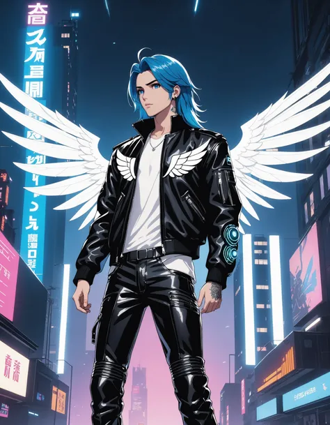 1 boy, Parker Edwards, male focus, solo, long hair, blue hair, shirt, wings, mechanical wings, long sleeves, jacket, leather , open jacket, black jacket, leather jacket, white shirt, hand up, tattoo, black pants, open clothes, standing, sky, night, cyberpu...