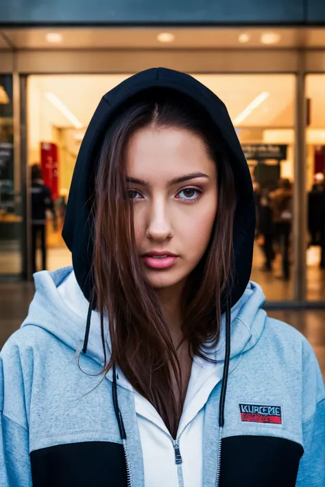 A full color portrait of a beautiful woman wearina a hoodie and black jeans, crowded mall,,epic character composition,by ilya kuvshinov, alessio albi, nina masic,sharp focus, subsurface scattering, f2, 35mm, film grain <lora: kittyja:1>