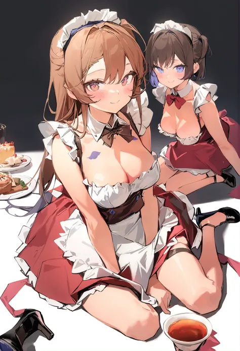 masterpiece, best quality, <lora:anmiXL_V1:1.0>multiple girls, apron, 2girls, breasts, brown hair, medium breasts, maid headdress, looking at viewer, simple background, thigh strap, cleavage, white background, sitting, bow, long hair, maid, waist apron, ba...