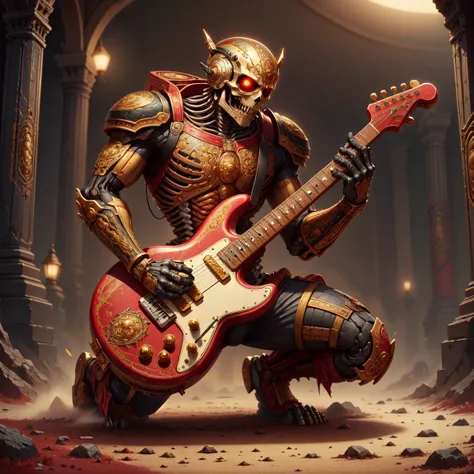 masterpiece, best quality,   <lora:RomanWorldBmar:1> romanworld, scifi, skeleton playing an electric guitar,