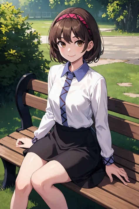 (masterpiece, best quality:1.2), solo, 1girl, tsukumo yatsuhashi, smile, looking at viewer, sitting, bench, hairband, shirt, long sleeves, skirt, outdoors <lora:touhou_yatsuhashitsukumo-10:1>