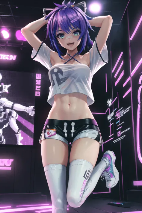 (best quality), indoors, (cyberpunk city:1.2), jumping, arms up, midair, 1girl, solo, ProjektMelodyOriginal, bandaid on nose, short hair, ponytail, hair ribbon, hairclip, medium breasts, <lora:ProjektMelodyOriginal_V1-Manityro:1.0>, toned, looking at viewe...