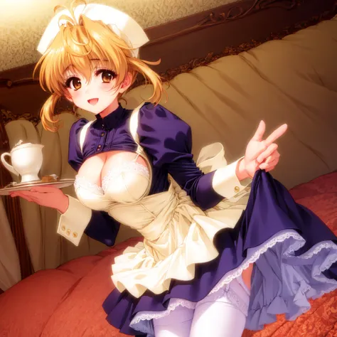 (masterpiece, best quality:1.2),cowboy shot, solo, 1girl,smile, looking at viewer, holding tray,  twintails, large breasts, head scarf, waitress, indoor,
 <lora:sayakakuriharaV1:0.6>,sayaka_kurihara,maid,pantyhose, white pantyhose, petticoat, long sleeves,...