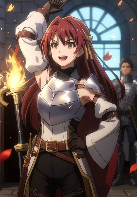 <lora:GoblinSlayer:0.8>, GoblinSlayer, Hero, smile, open mouth, gloves, long sleeves, 1boy, holding, bare shoulders, standing, weapon, :d, cowboy shot, detached sleeves, teeth, solo focus, belt, sword, indoors, armpits, holding weapon, armor, blurry, arm u...