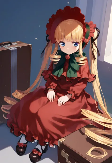 1girl, shinku, solo, blonde hair, long hair, blue eyes, suitcase, twintails, dress, drill hair, sitting, bow, bonnet, high quality, late,  <lora:char - shinku - v1 - bionagato:1>