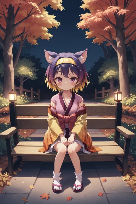 <lora:izuna v2:1> hatsuse izuna, short hair, wide sleeves, sarashi, yellow hairband, tabi, short kimono, gradient hair, 1girl on one knee,w arms, serene autumn garden, rich colors of fall, cushy blankets on benches, crunchy leaves underfoot, twinkling ligh...