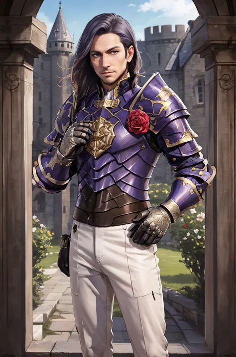 realism, highest quality, outdoors, trees, sky, distant castle, 1boy, cowboy shot, standing, looking at viewer, serious, clenched fist, <lora:LorenzFE3H:0.7> warLorenz, long hair, armor, rose, white pants