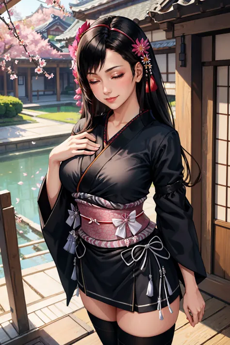 masterpiece, best quality, <lora:tifa-nvwls-v2-000008:0.9> edTifa, long hair, hair ornament, hair flower, black kimono, black shirt, sash, black thighhighs, large breasts, closed eyes, smile, from above, japanese architecture, cherry blossoms, standing, ha...