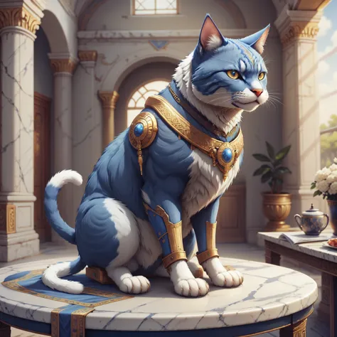 <lora:Greekworld:1> greekworld, armoured, cat, sitting on table,