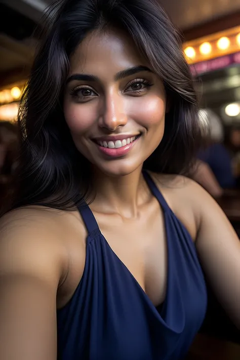 (selfie:1.3) of RajaniCipher, smiling, wearing a halter top, at a bar, analog style (look at viewer:1.2) (skin texture), close up, cinematic light, sidelighting, Fujiflim XT3, DSLR, 50mm <lora:add_detail:0.4> <lora:LowRA:0.5>