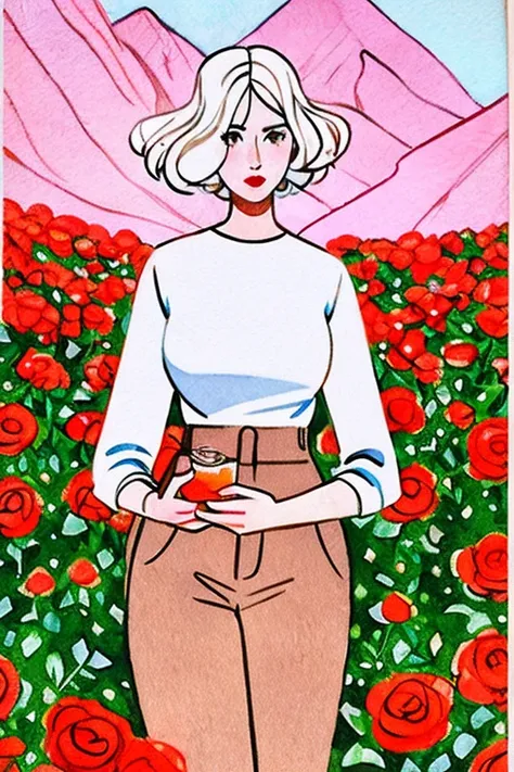 best quality, masterpiece,1girl, solo, flower, short hair, red flower,  shirt, leaf, white hair, long sleeves, pink flower, white shirt, cowboy shot, traditional media,rose, pants, outdoors,