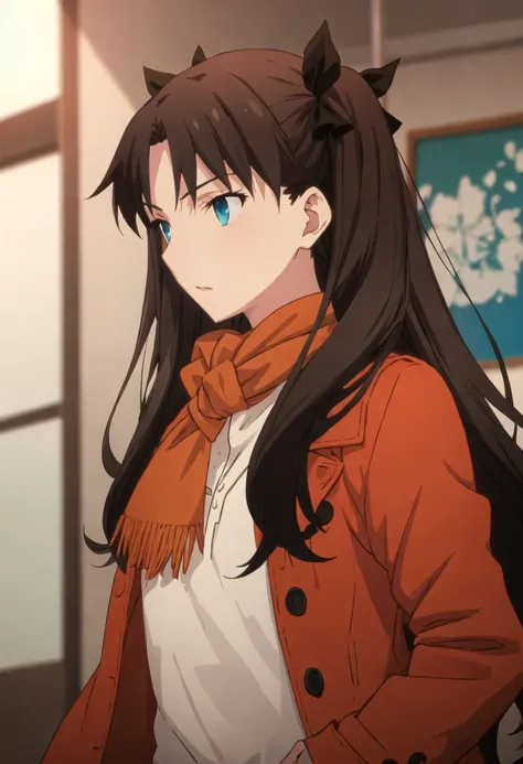 best quality, masterpiece, highres, solo, {tohsaka_rin_fatestaynightufotable:0.90}, 1girl, orange_scarf, anime_coloring, coat