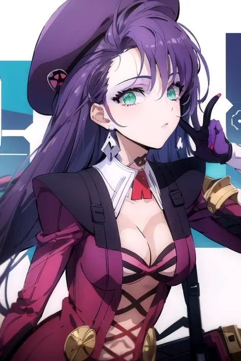 (best quality:1.1), (masterpiece:1.4), photorealistic, , upper body, depth of field, ligne claire, (anime:1.4), 1girl, solo, <lora:dolce_synduality_noir:0.98>, dolce_synduality_noir, purple hair, green eyes, , , , beret, science fiction superhero,