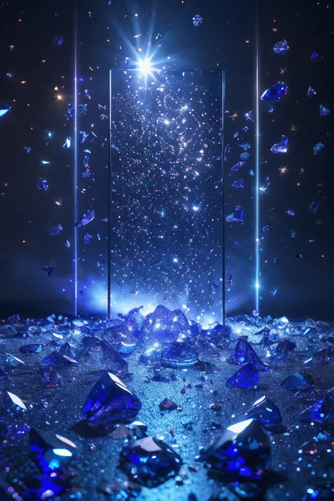 master piece, high quality, clean background booth, scattered sapphire, very flash, crystal clear, emitting colorful light, star powder, center composition, split lighting, creative background design, front view, surreal scene, natural rendering, fantasy