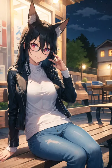 1girl, solo, sidelocks, twinbraids, (black hair), red eyes, smug, smirk, glasses, sitting, bench, partk, at night, long hair, white sweater, (leather jacket), (black jacket:1.2), fox girl, fox ears, fox tail, jeans, black tail, ,(hisasi)  <lora:Hisasi-Styl...