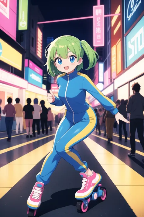 masterpiece, best quality, ultra detailed, anime style, Amidst a bustling 1980s metropolis, a cute rollerblading enthusiast dons a vibrant jumpsuit with neon geometric patterns. The retro-inspired outfit reflects the vibrant energy of the era, capturing th...