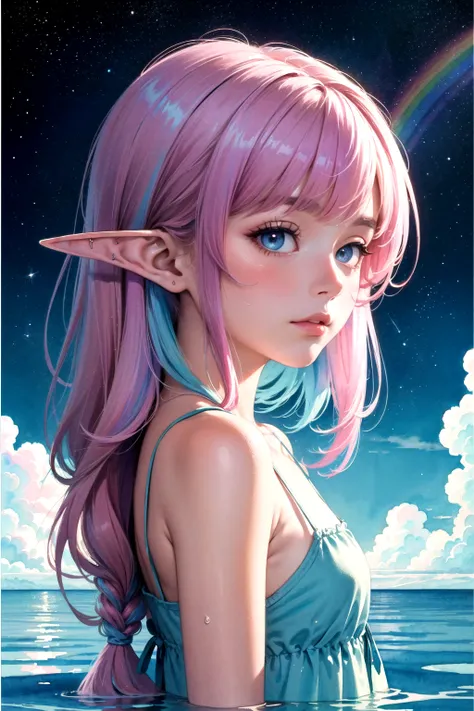 (masterpiece, top quality, best quality,watercolor (medium),official art, beautiful and aesthetic:1.2),(1girl:1.3), (fractal art:1.3),upper body, from side, looking at viewer,patterns,(rainbow color Hair,colorful hair,half blue and half pink hair:1.2),(elf...