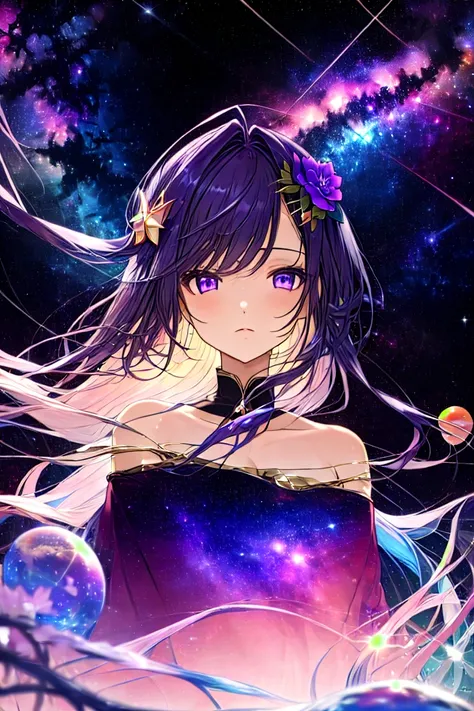 <lora:stargirl(æä¹å¥³):0.85>stargirl, star clothes, 1girl, solo, purple eyes, flower, hair ornament, hair flower, long hair, looking at viewer, bare shoulders