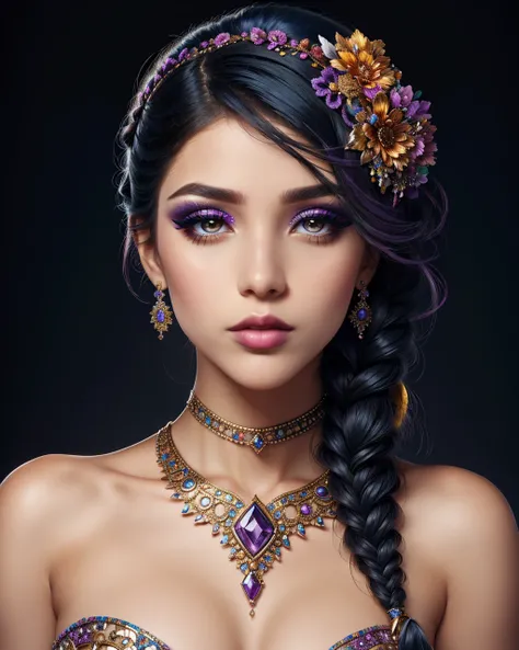 a close-up of a beautiful woman with intricate and vibrant makeup. Emphasize the details of her eyeshadow, eyeliner, and lipstick, incorporating a mix of bold colors like deep purples, blues, and golds. Envision an elaborate hairstyle with curls or braids ...