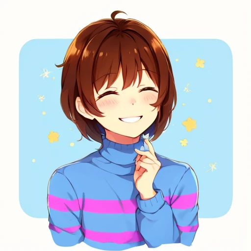 <lora:Frisk_Undertale:1>, frisk undertale, brown hair, short hair, closed eyes, blue and pink striped sweater, smiling