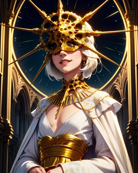 Gwyndolin,white hair,otoko no ko,flat chest,gold mask,covered eyes,
gold jewelry,white dress,long sleeves,light smile,
upper body, 
cathedral,moonlight,
(insanely detailed, masterpiece, best quality),<lora:Gwyndolin-10DSv9:0.8>,dynamic angle,l,