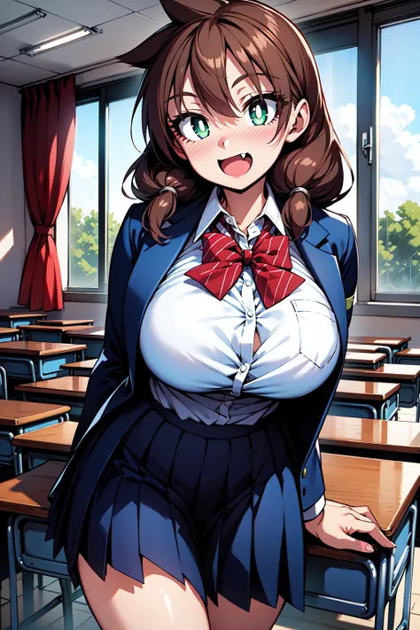 1girl, cowboy shot, (classroom:1.2), large breasts, (nose blush:1.2), open mouth, (fang:1.2), smile, 
amano_megumi, green eyes, bright pupils, white pupils, brown hair, twintails, school uniform, bowtie, blazer, pleated skirt, <lora:amano_megumi_lora_ver2:...