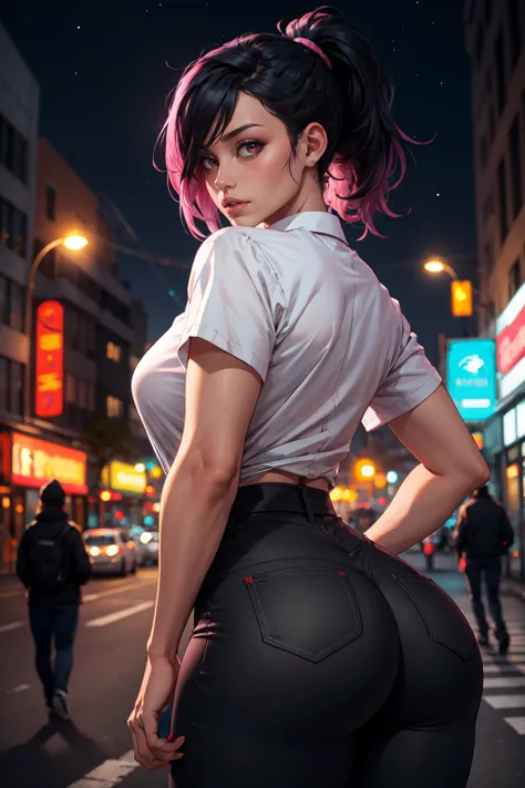 (masterpiece, best quality, 4k, detailed, intricate, realistic),outside,modern city street,night,neon lights,bokeh,depth of field,1girl,big booty,pink IncursioDipDyedHair,black hair,ponytail,high-waist pants,looking at viewer,shirt